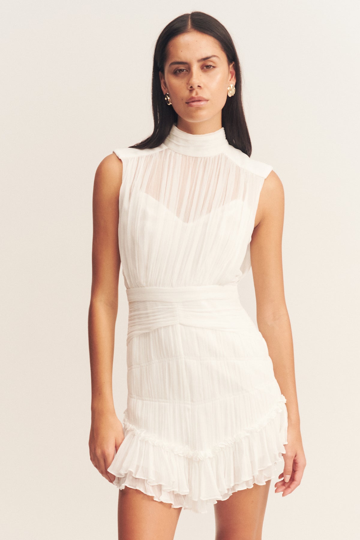 CLEMENCE SLEEVELESS RUCHED MINI DRESS - IVORY