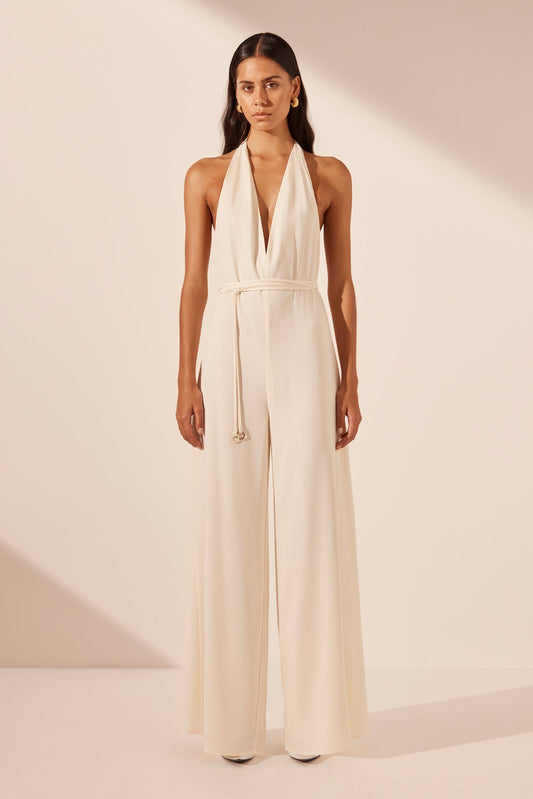 ILIAD HALTER NECK OPEN BACK JUMPSUIT - RICE
