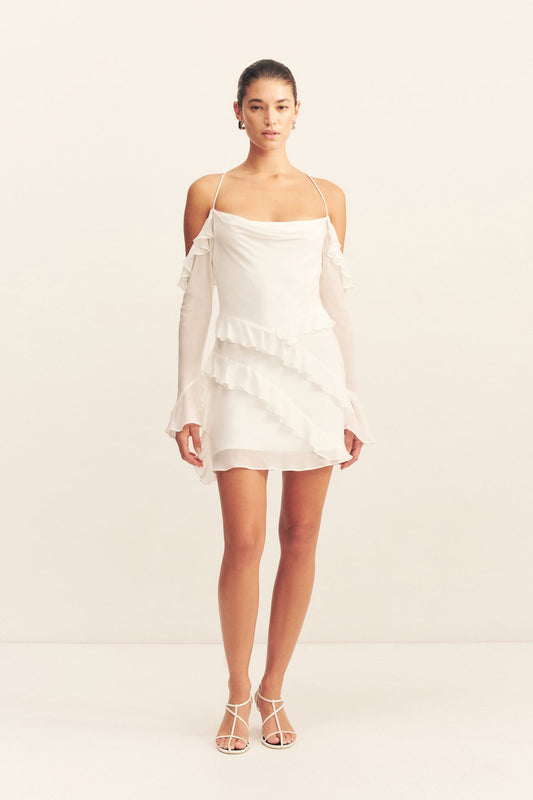 LIRA LONG SLEEVE RUFFLE MINI DRESS - IVORY